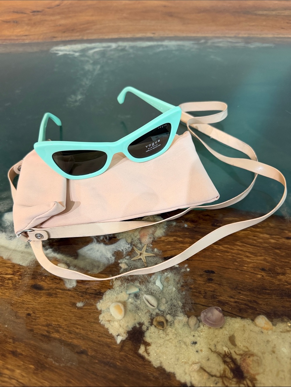Vogue Mint Cat-Eye Sunglasses with Pale Pink Crossbody Pouch